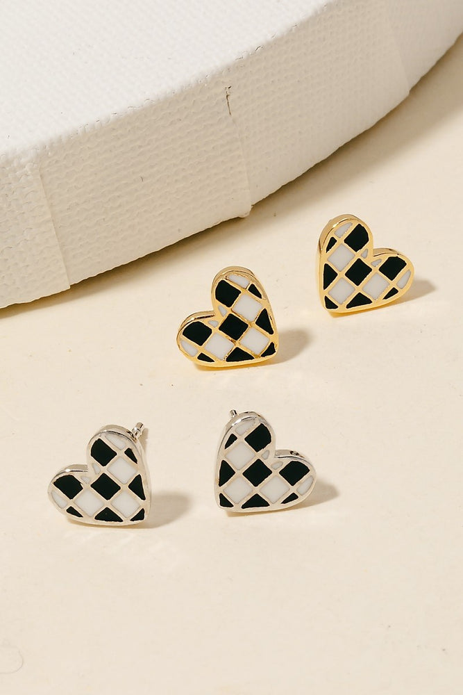 Gold Checkered Heart Stud Earrings