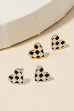 Silver Checkered Heart Stud Earrings