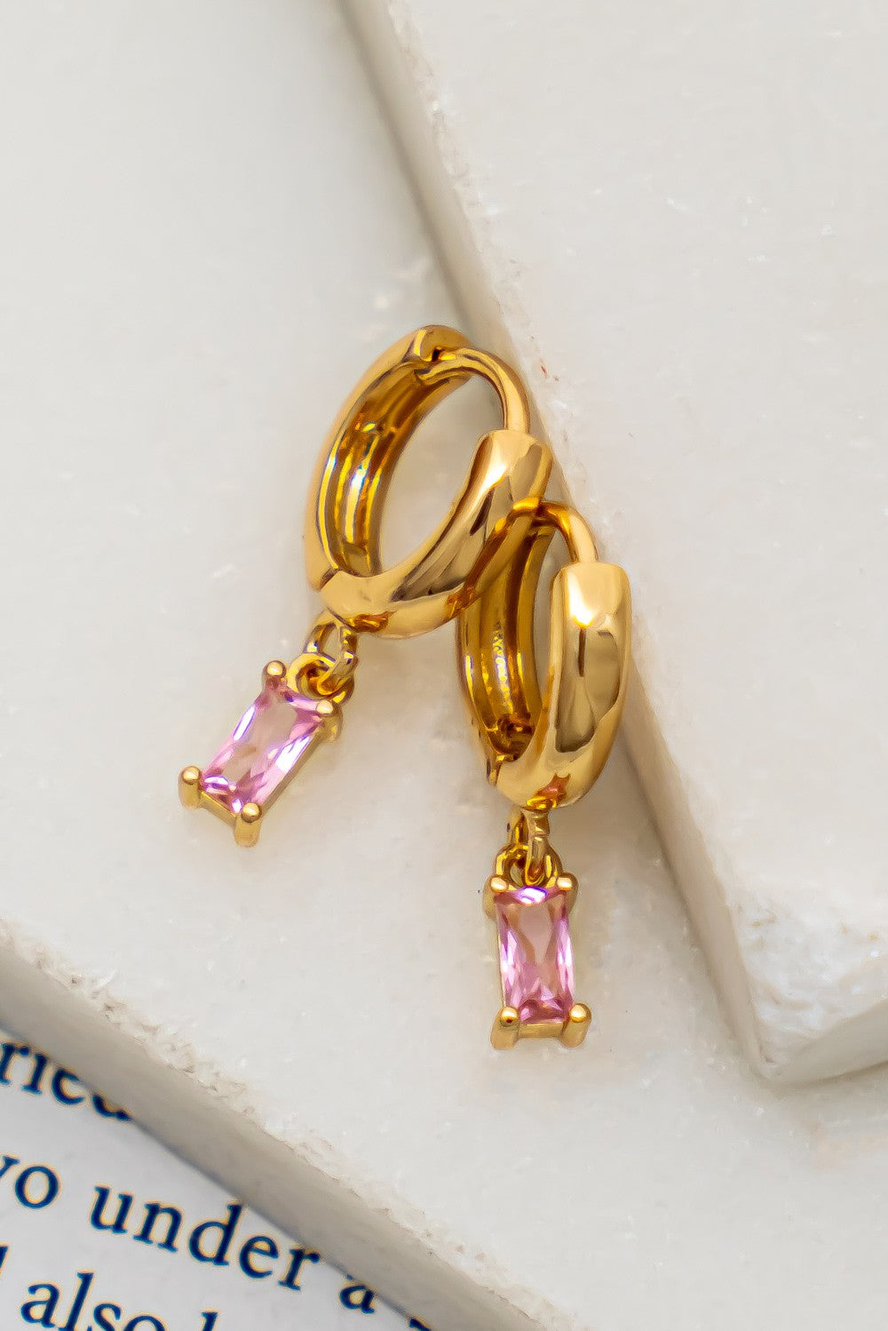 Huggie Hoop With Rectangular Cz Stone Drops