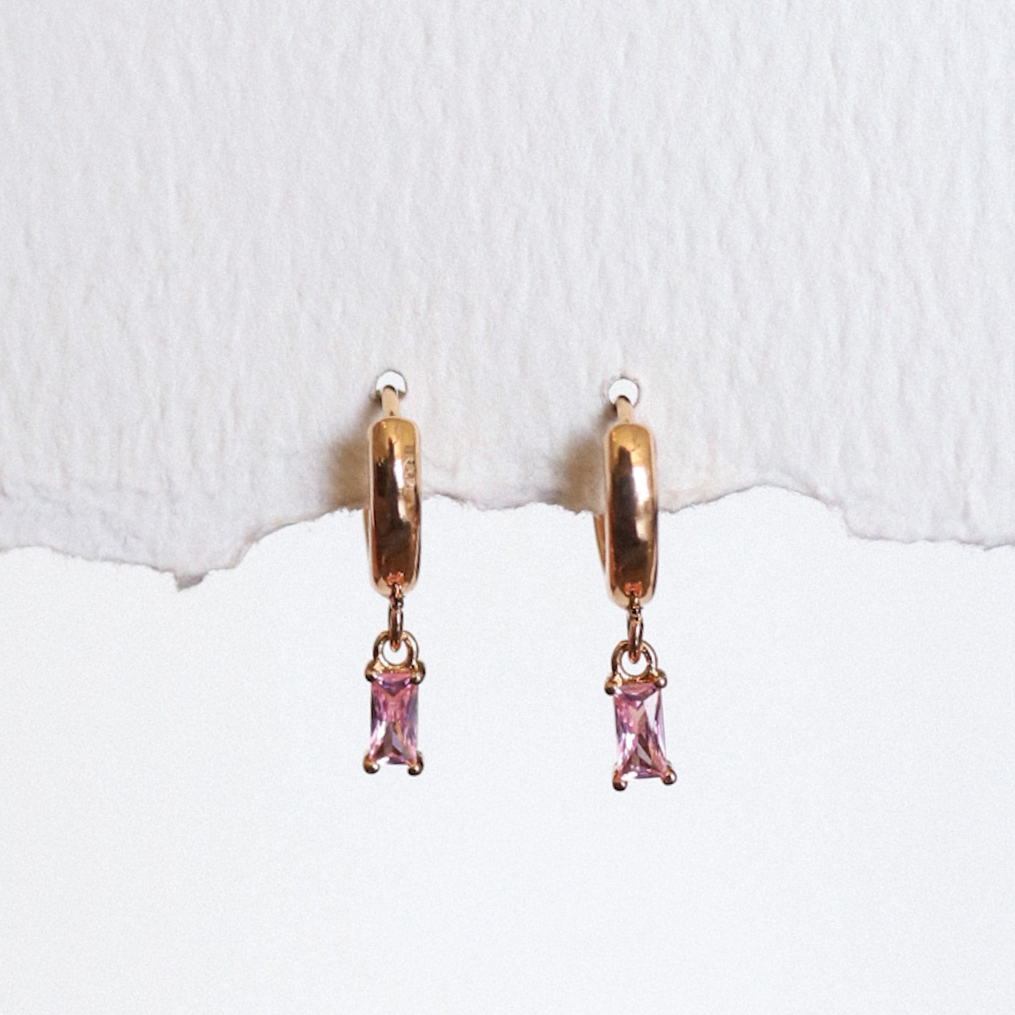 Huggie Hoop With Rectangular Cz Stone Drops