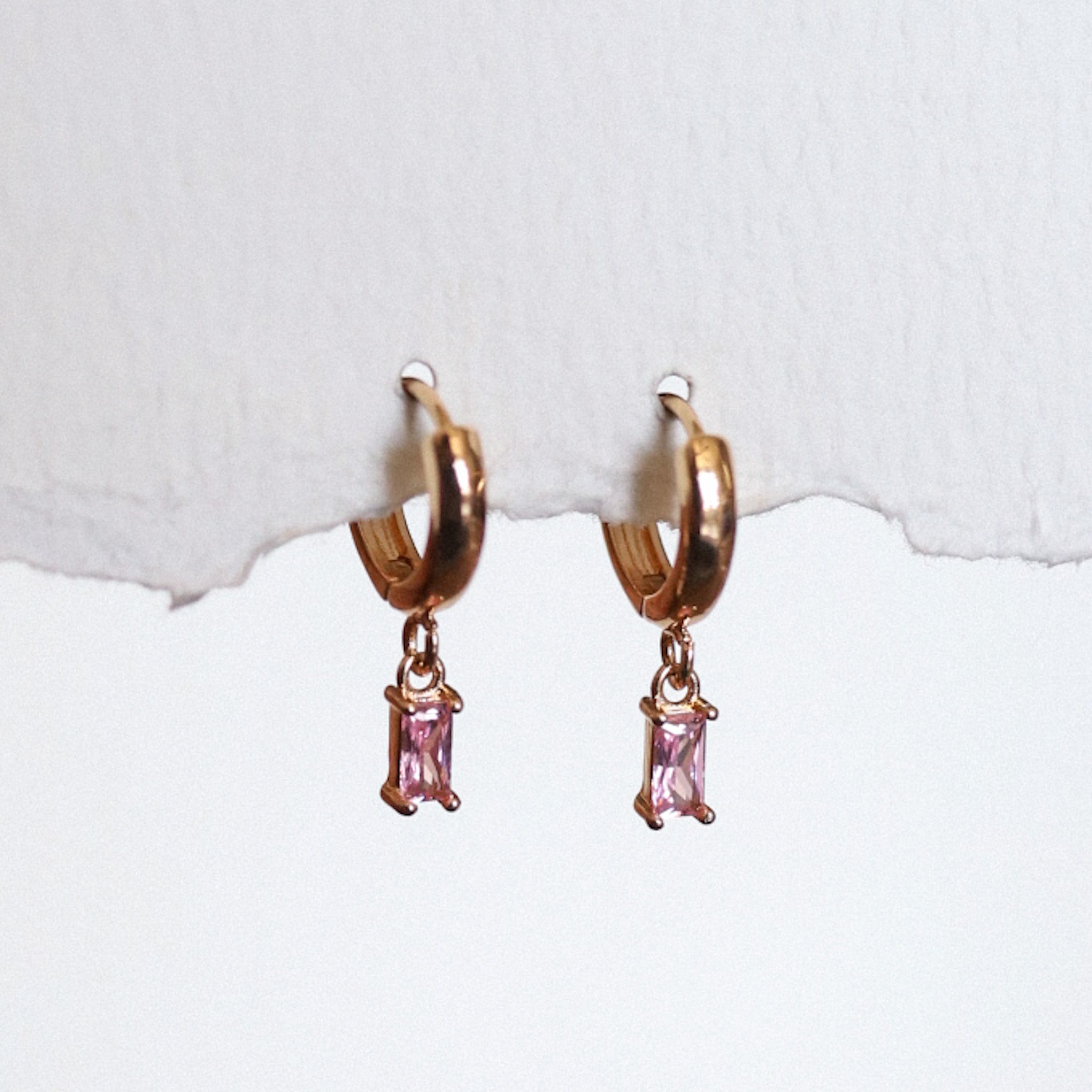 Huggie Hoop With Rectangular Cz Stone Drops