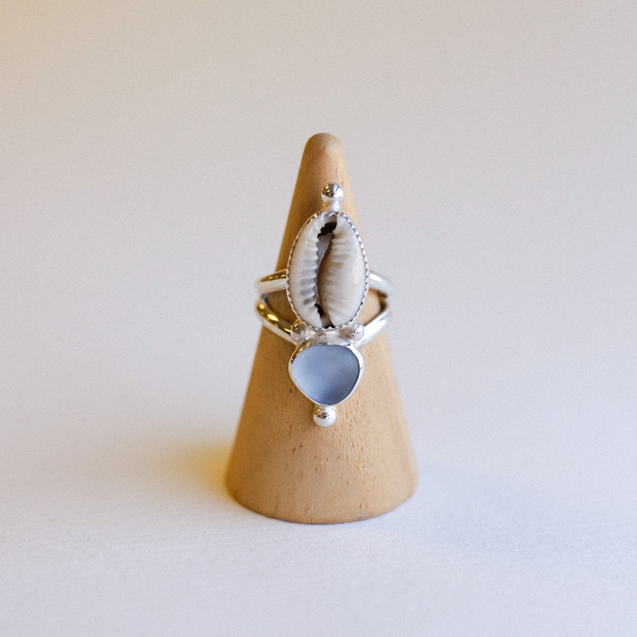 (8) Silver Sea Glass and Cowrie Sea Shell Ring