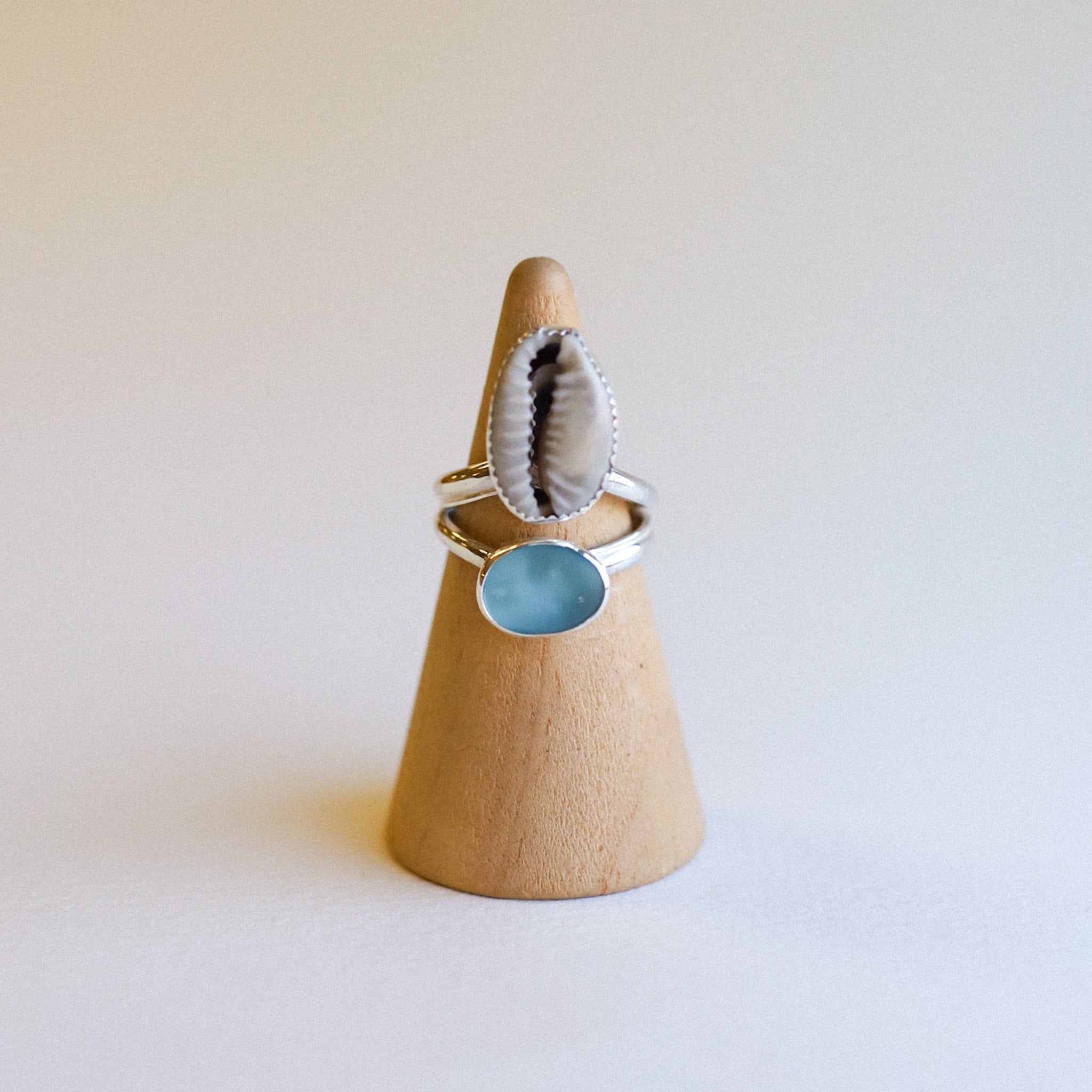 (7) Silver Sea Glass and Cowrie Sea Shell Ring