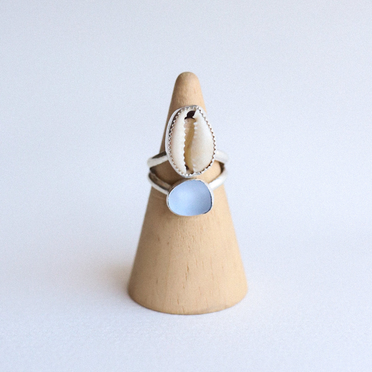 (6.5) Silver Sea Glass and Cowrie Shell Ring