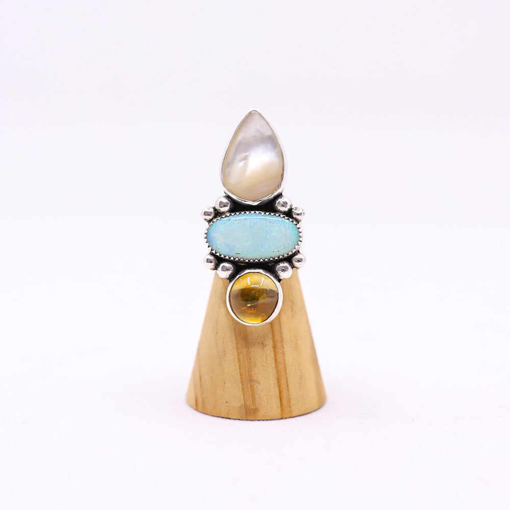 Silver Citrine, Lab Opal, and Mother of Pearl Ring
