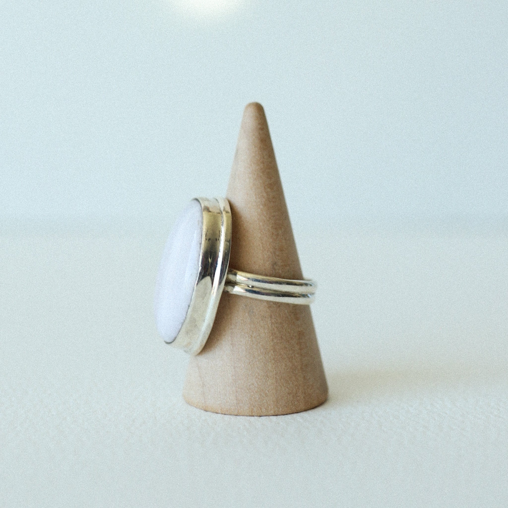 (7) Silver White Lace Agate Gem Ring
