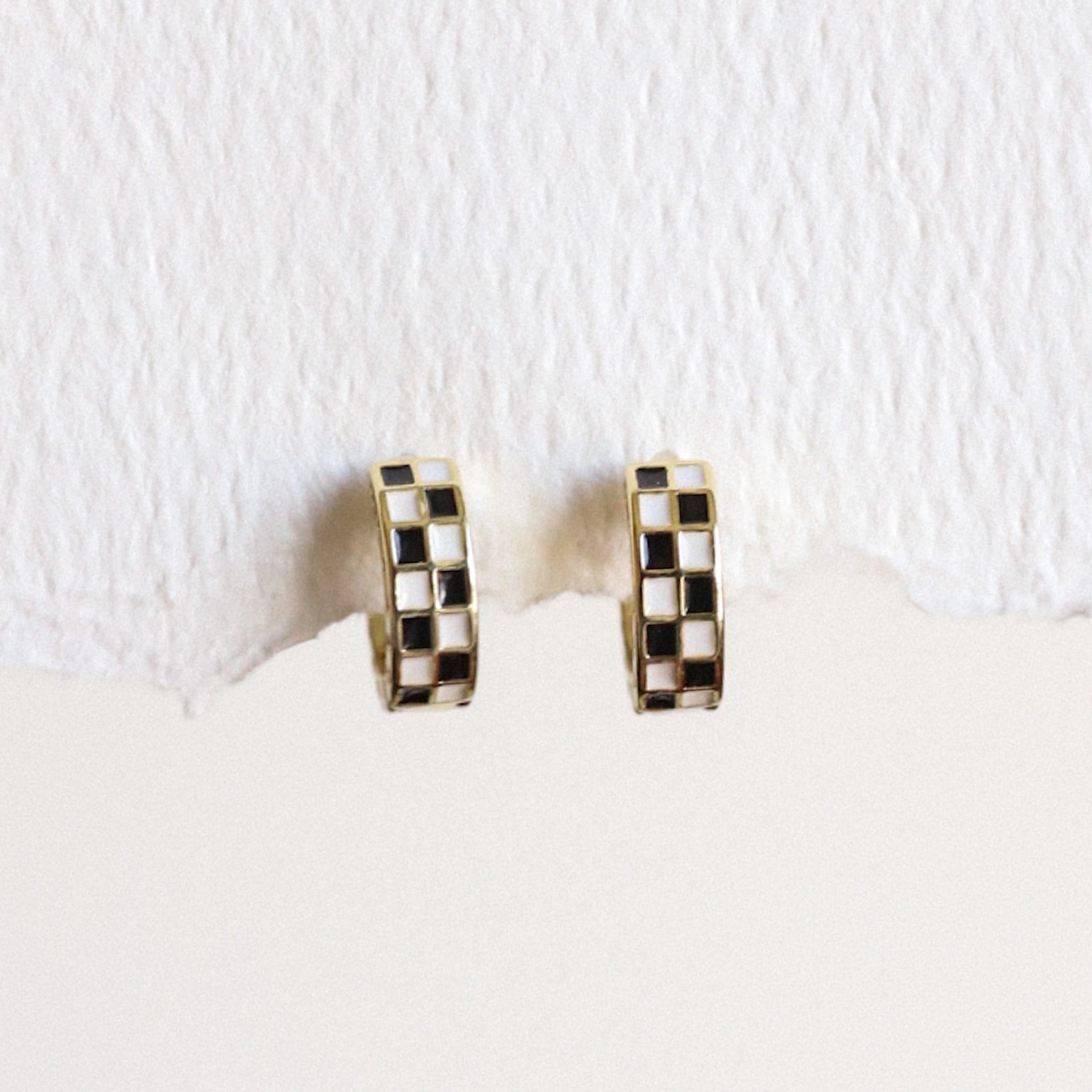 Silver Checkered Huggie Hoops