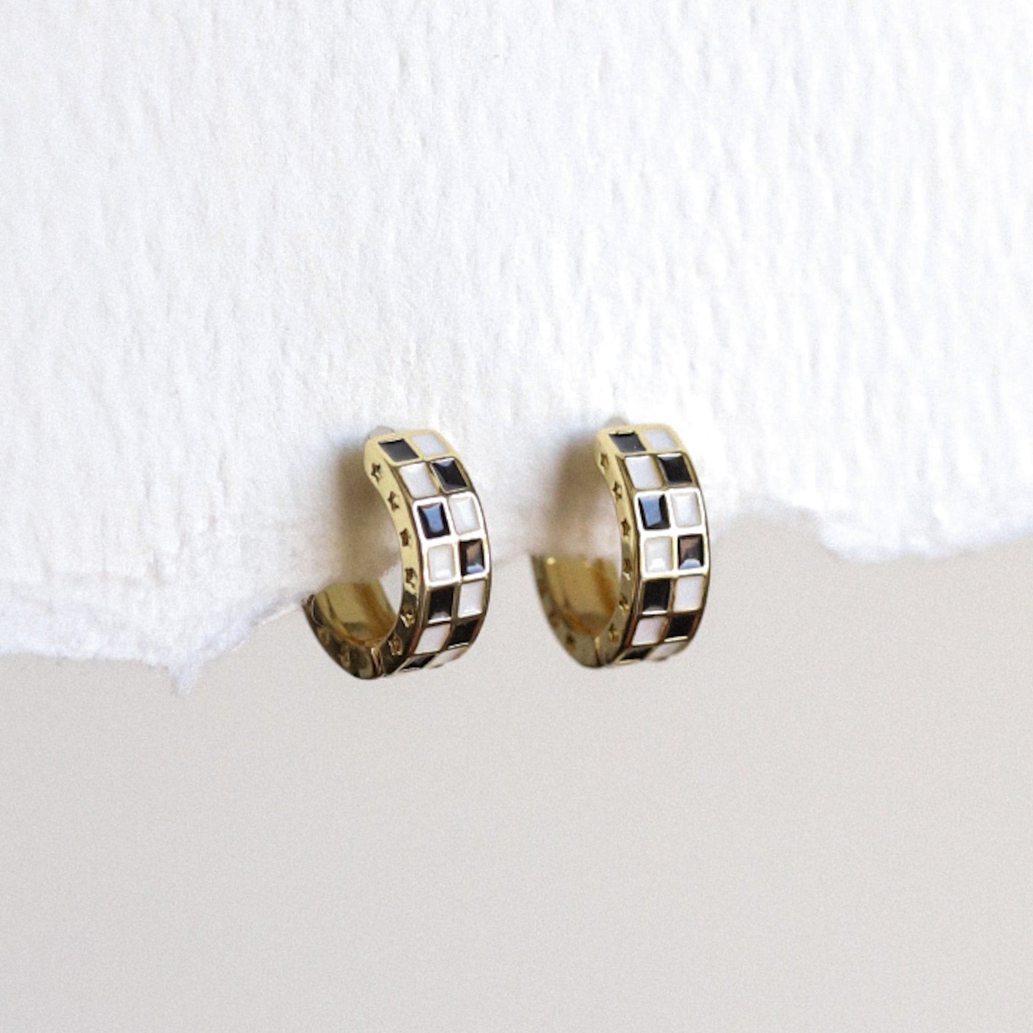 Silver Checkered Huggie Hoops