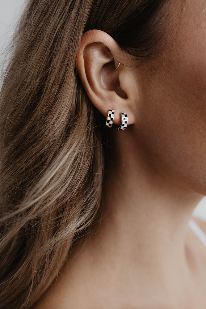 Silver Checkered Huggie Hoops