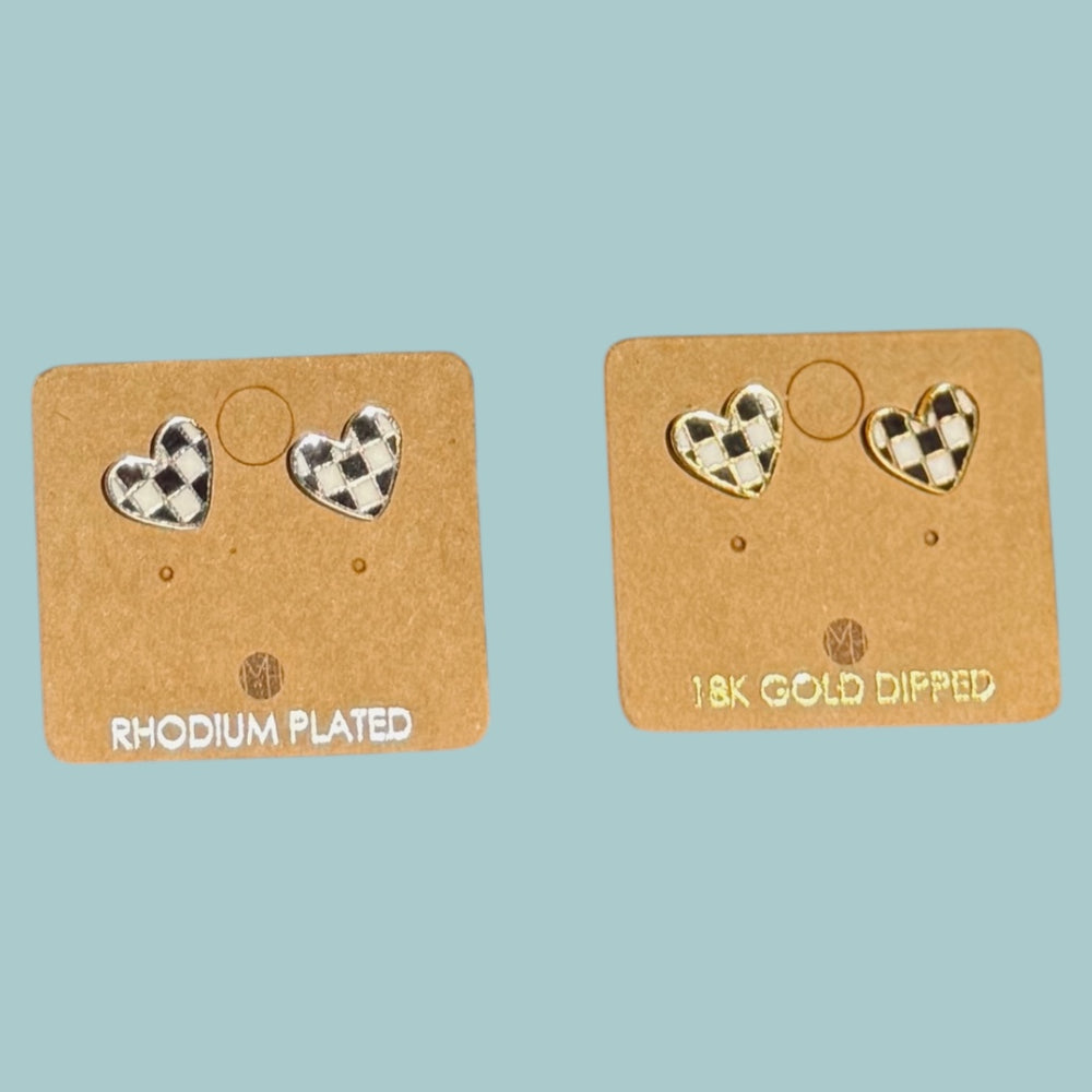 Gold Checkered Heart Stud Earrings