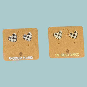 Gold Checkered Heart Stud Earrings