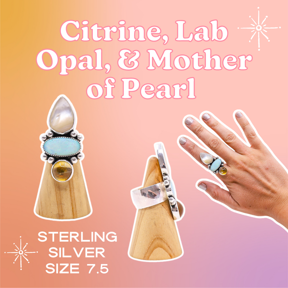 Silver Citrine, Lab Opal, and Mother of Pearl Ring