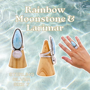 (7) Silver Rainbow Moonstone and Larimar Ring