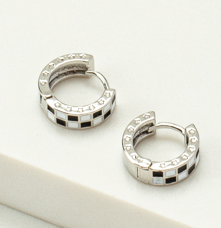 Silver Checkered Huggie Hoops