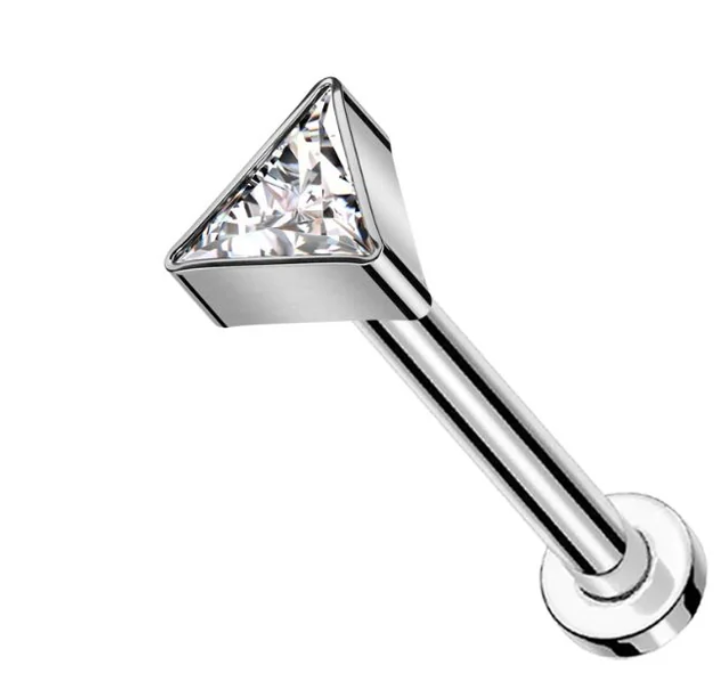 Threadless Flat Back Earring - Silver CZ Triangle Stud Earring