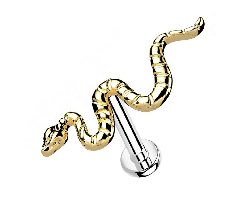 Threadless Flat Back Earring - Gold Snake Stud Earring