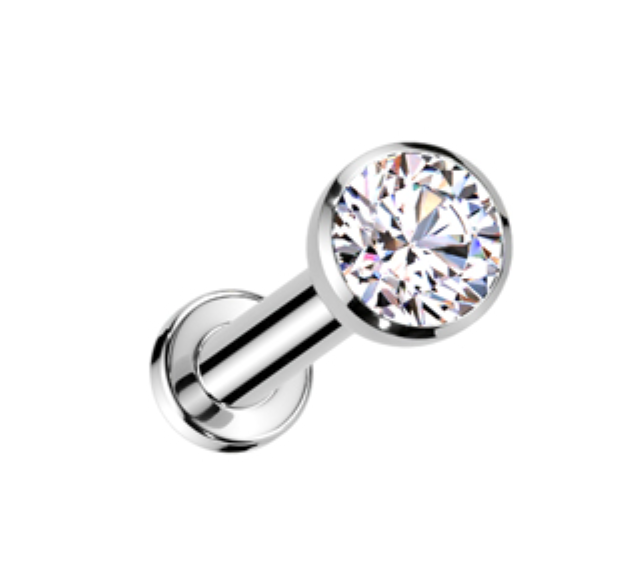 Threadless Flat Back Earring - Silver Bezel Set CZ Small Stud Earring